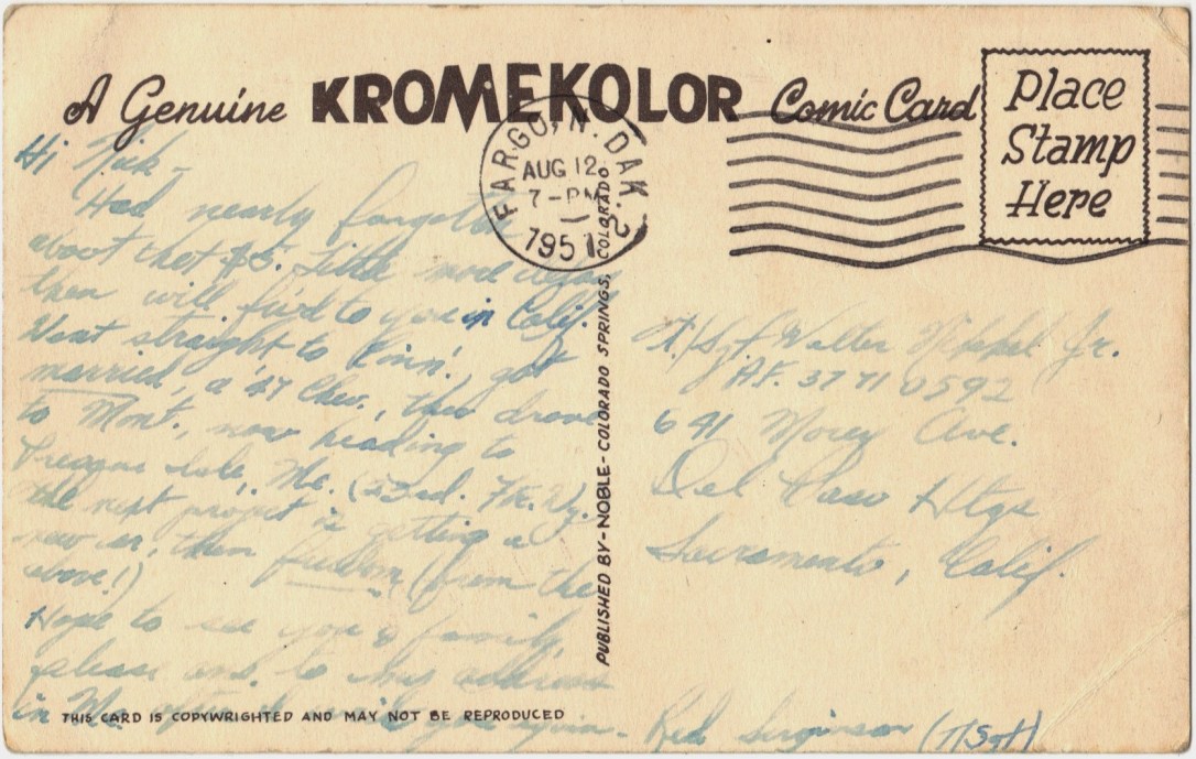 Fargo ND 1951 Postcard back