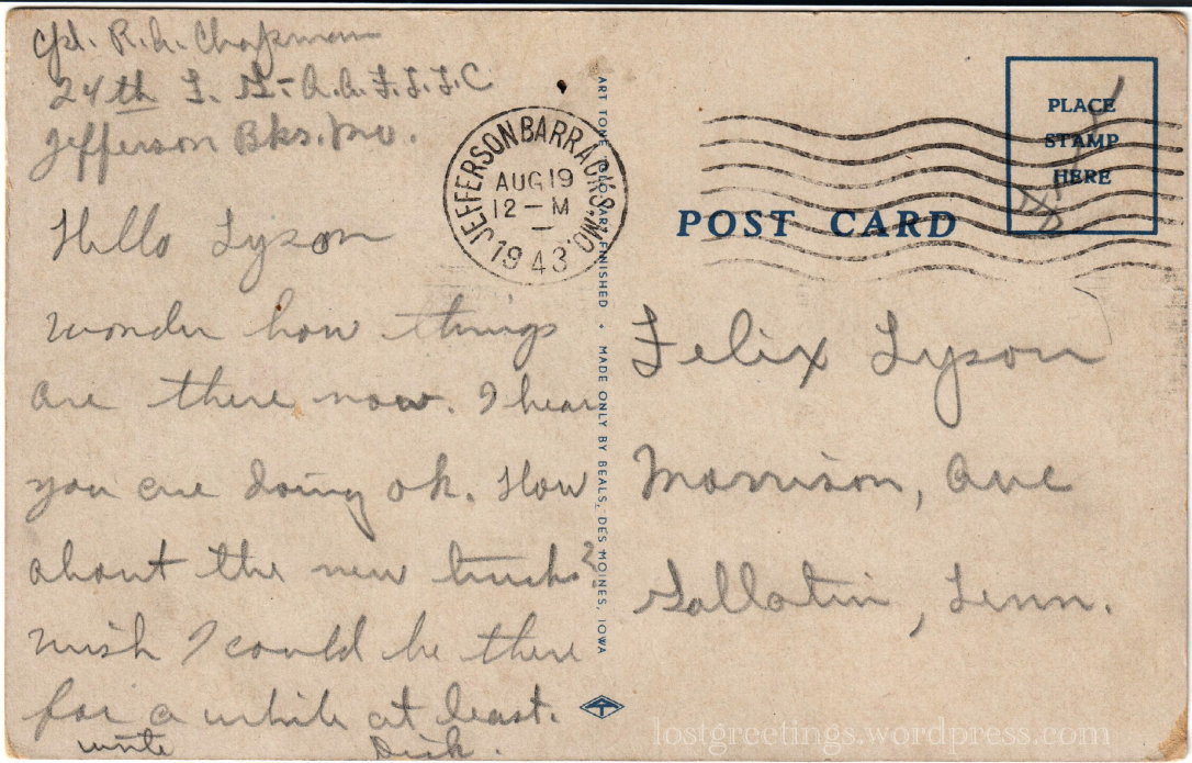 1943 Postcard message - Jefferson Bks Missouri lg