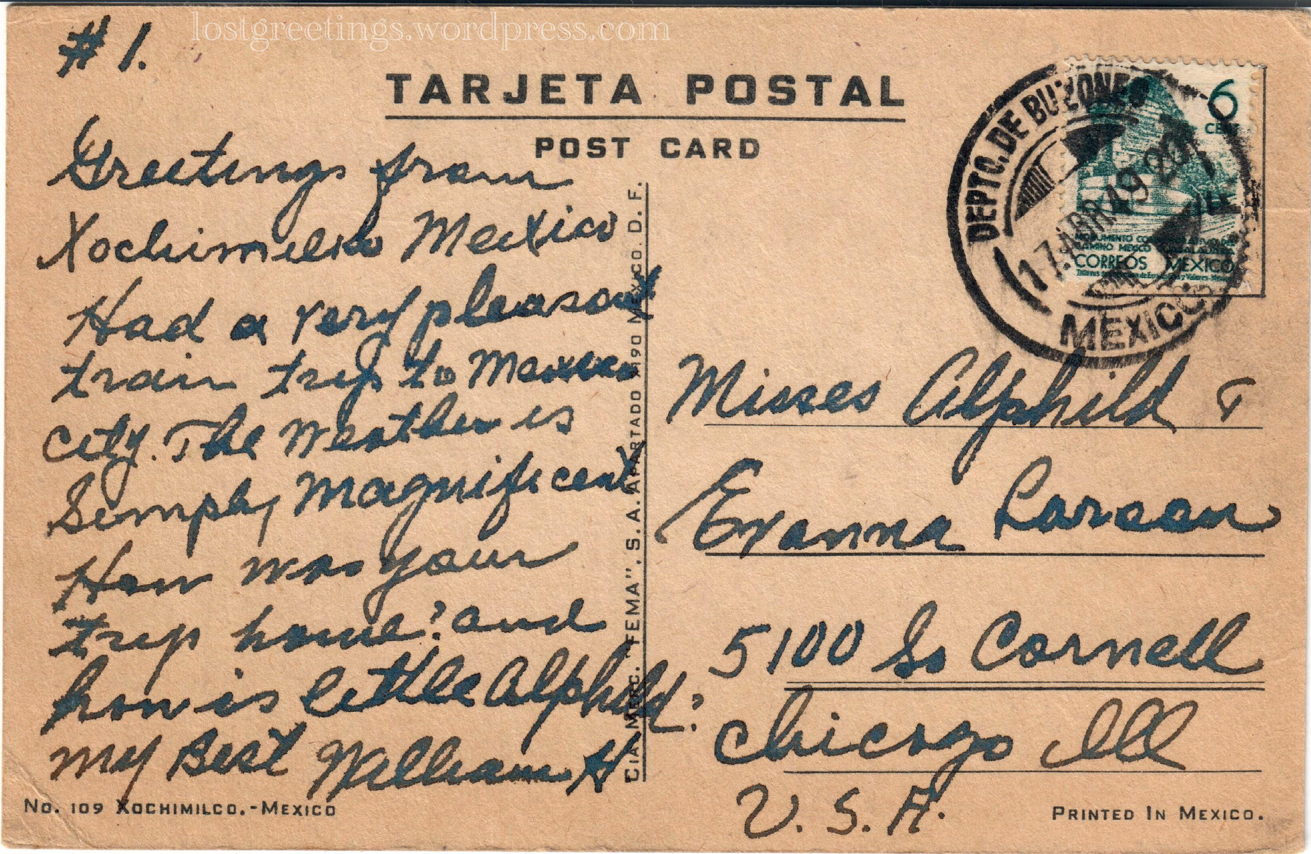 1920 Scenic Postcard Message - Xochimilco, Mexico lg