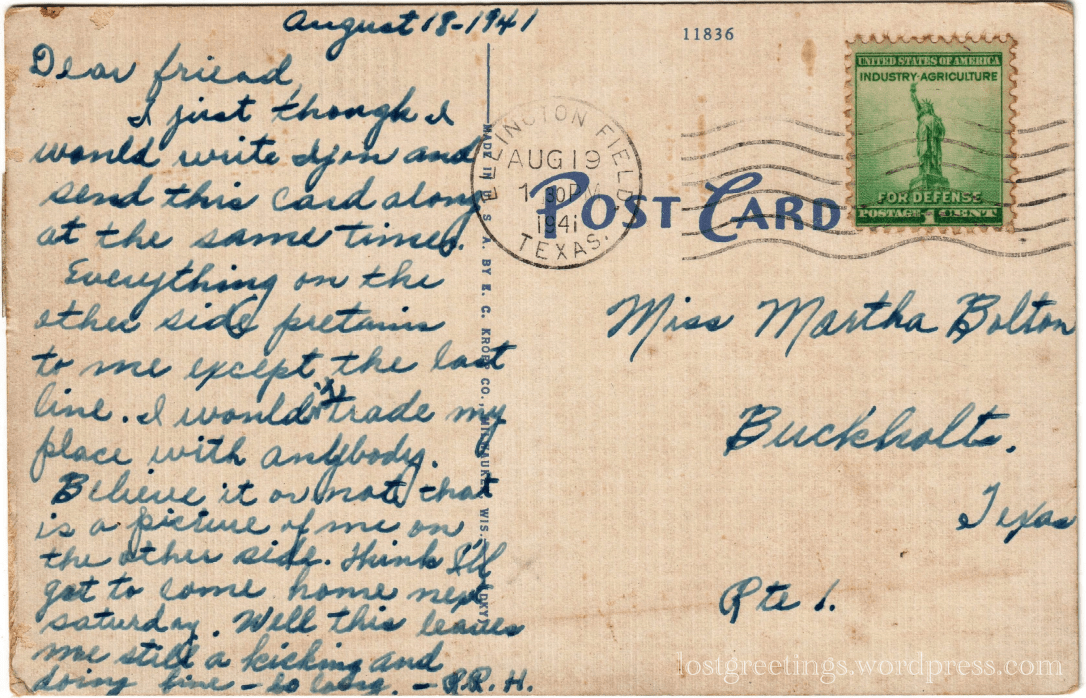 1941 Comic Postcard Message - Ellington Field, Texas lg