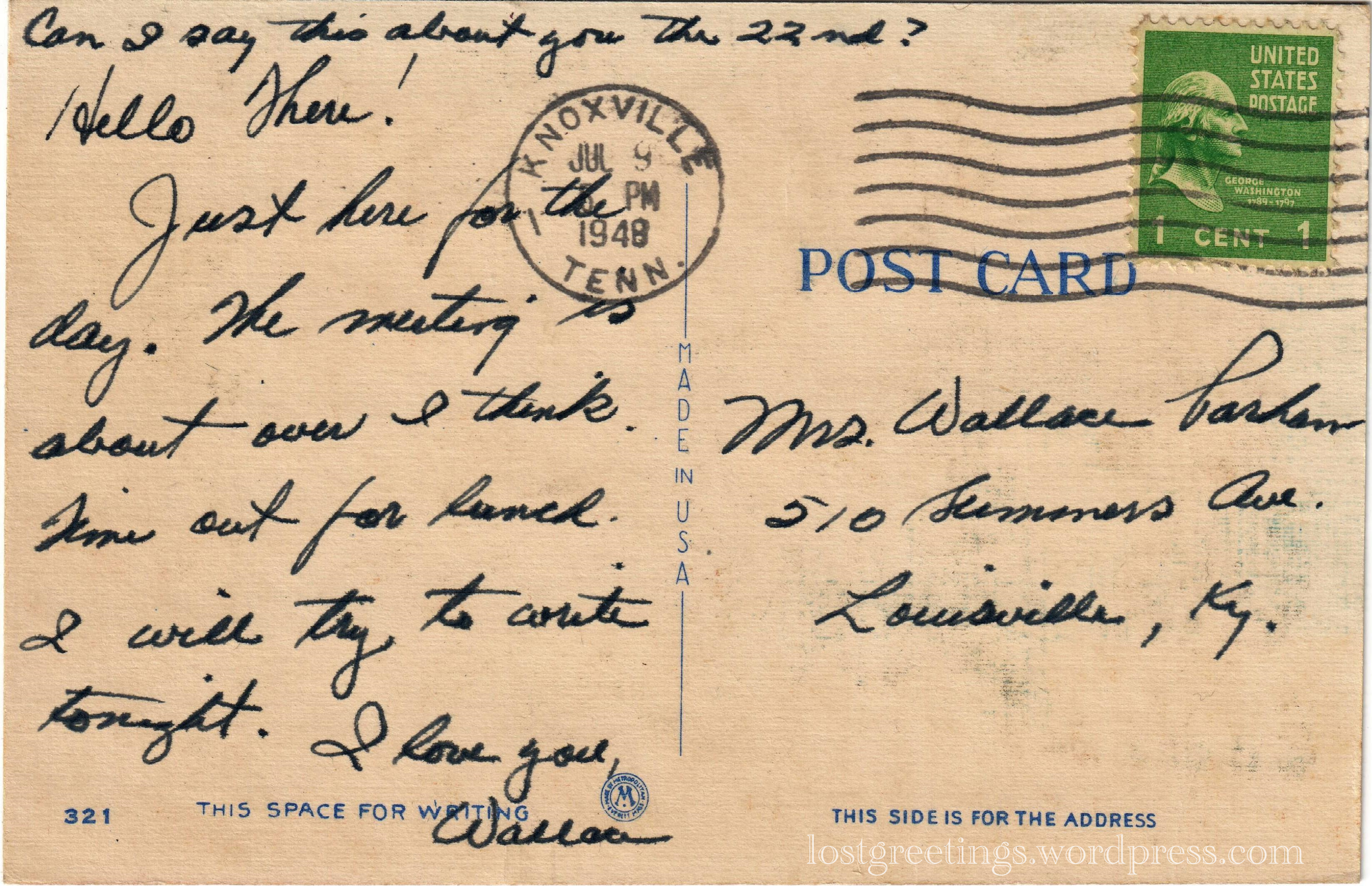 1948 Comic Postcard message - Knoxville, Tennessee lg