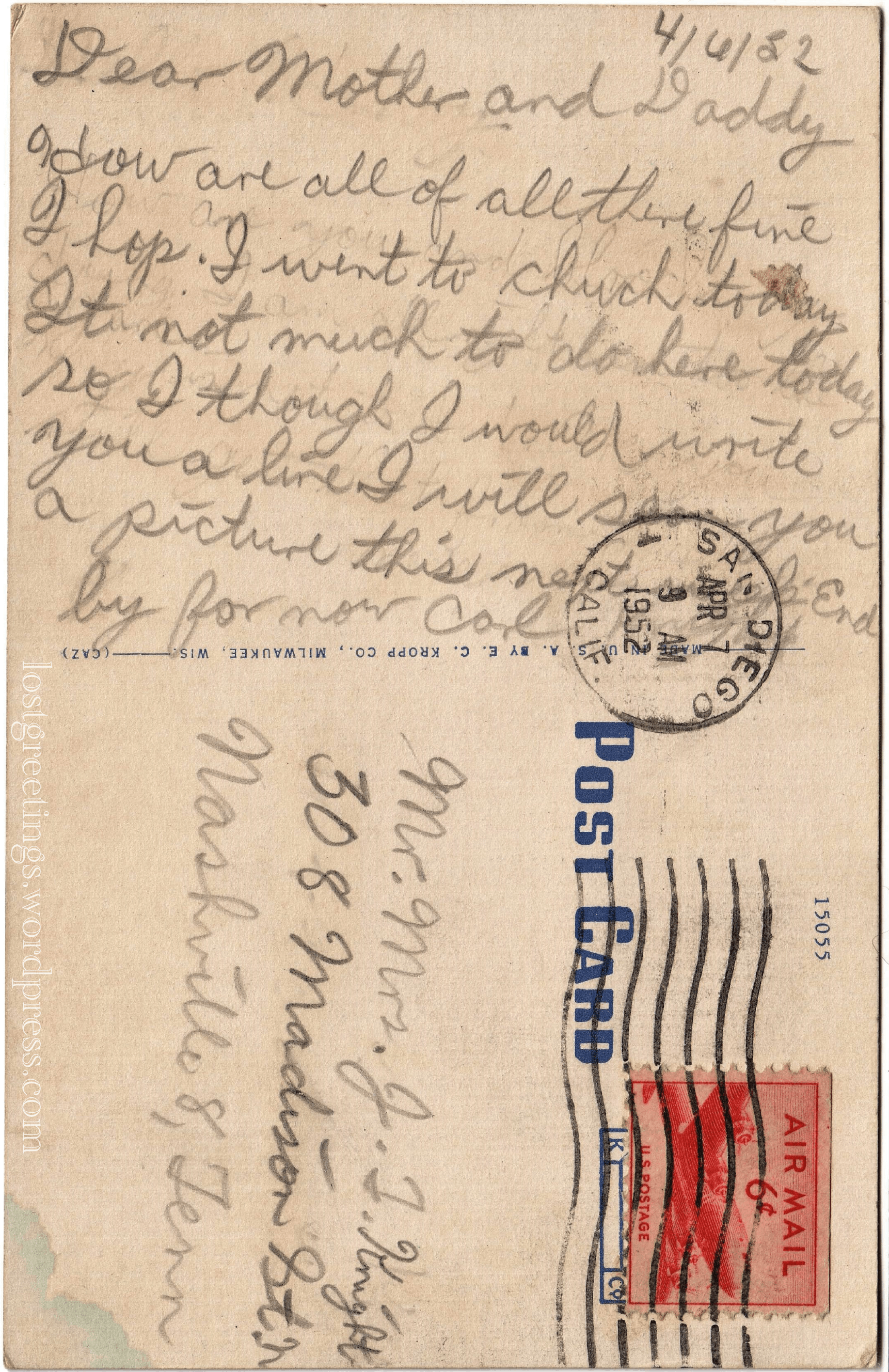 1952 Comic Postcard Message - San Diego, California lg