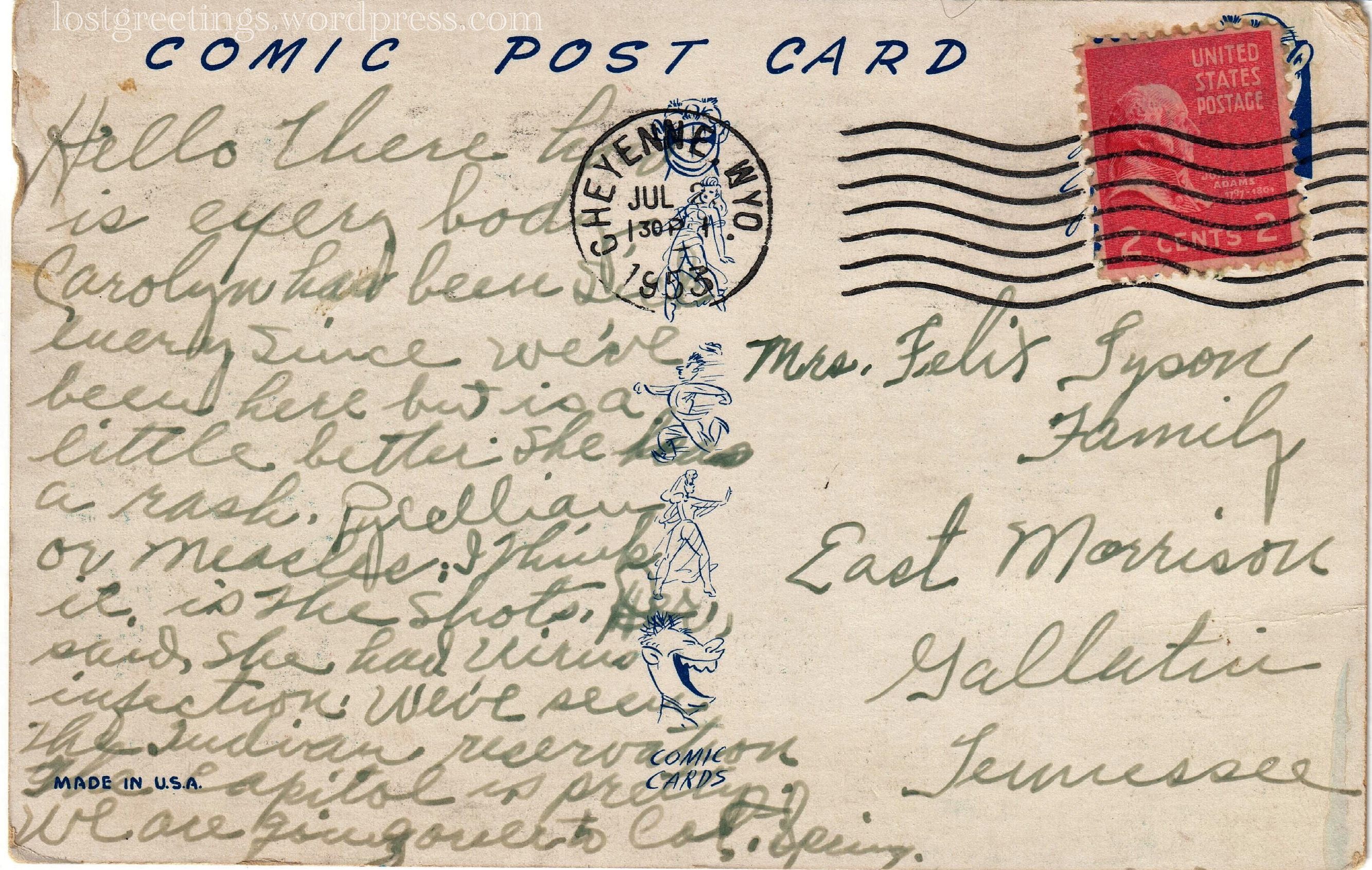 1953 Comic Postcard Message - Cheyenne, Wyoming lg