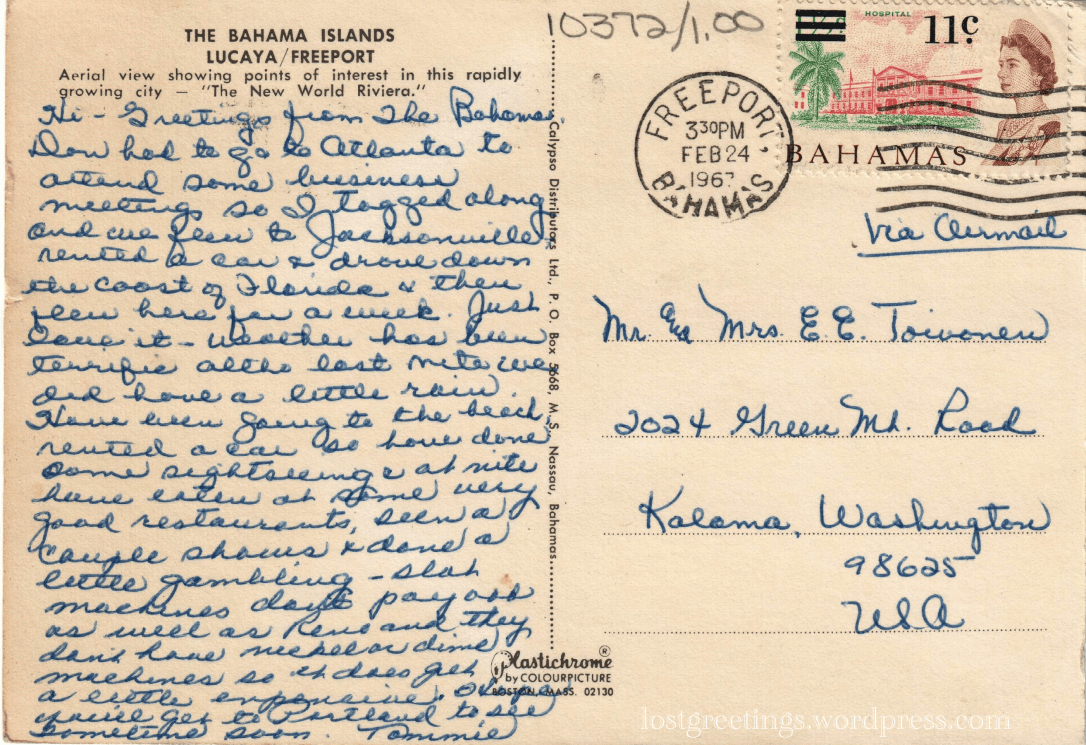 1967 Travel Postcard Message - Freeport, Bahamas lg