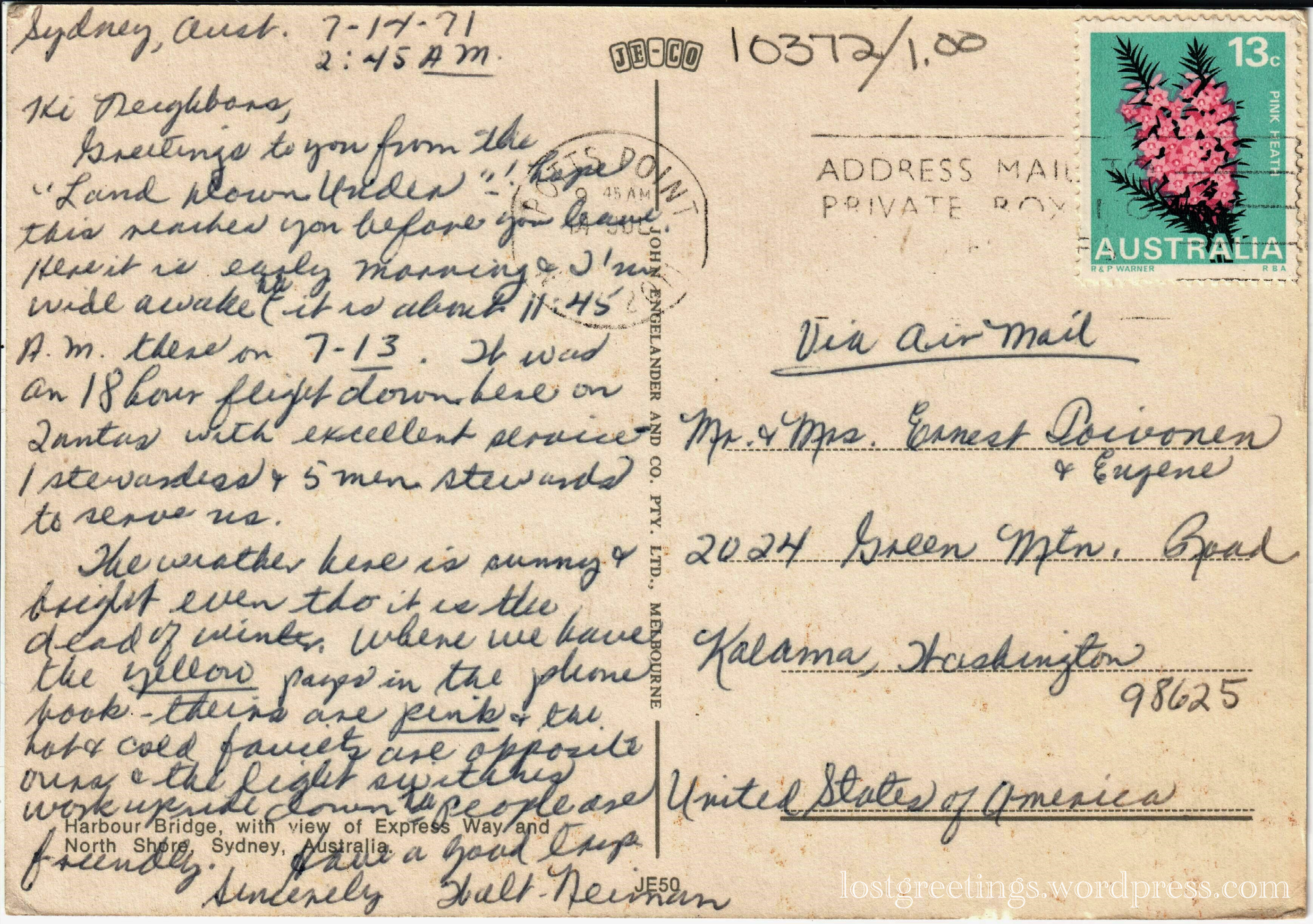 1971 Travel Postcard Message - Sydney, Australia lg