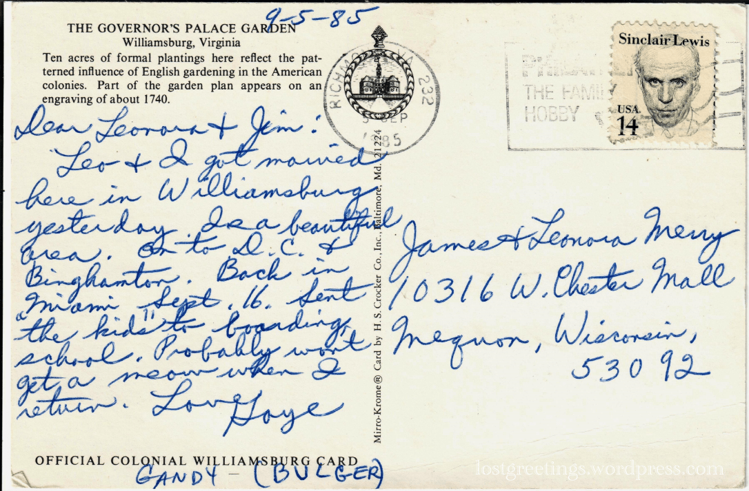 1985 Williamsburg, VA postcard message lg