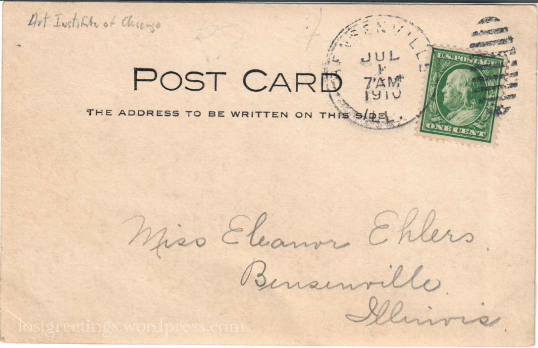 1910 Postcard reverse Bensenville, IL &amp; Art Inst of Chicago