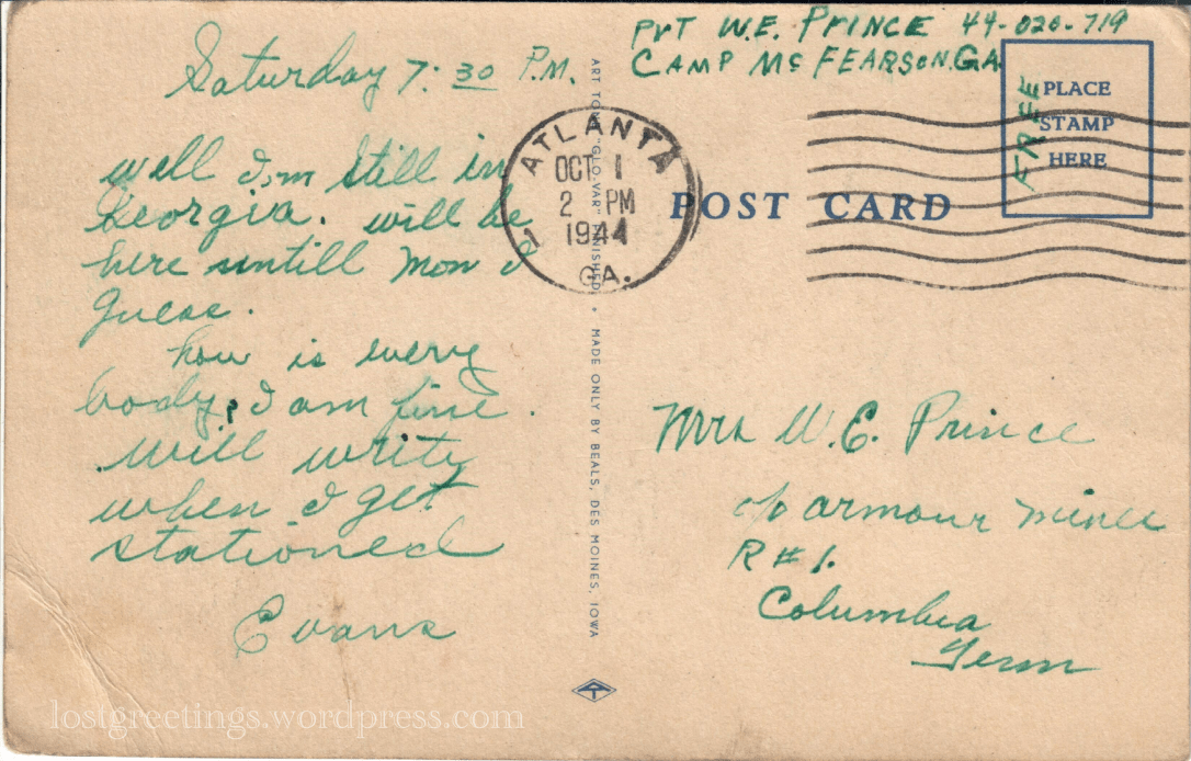 Camp McFearson Atlanta, GA - postcard message lg