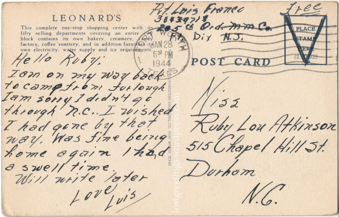 Fort Worth, TX jan1944 image message