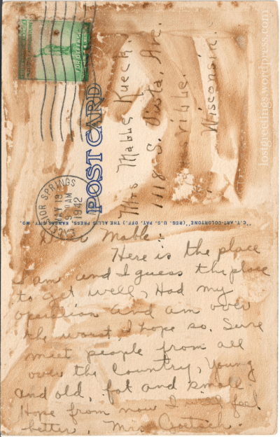 Excelsior Springs, Mo 1942- Medical Postcard message lg