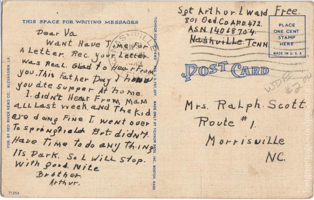 Nashville, TN 1943 Postcard message lg