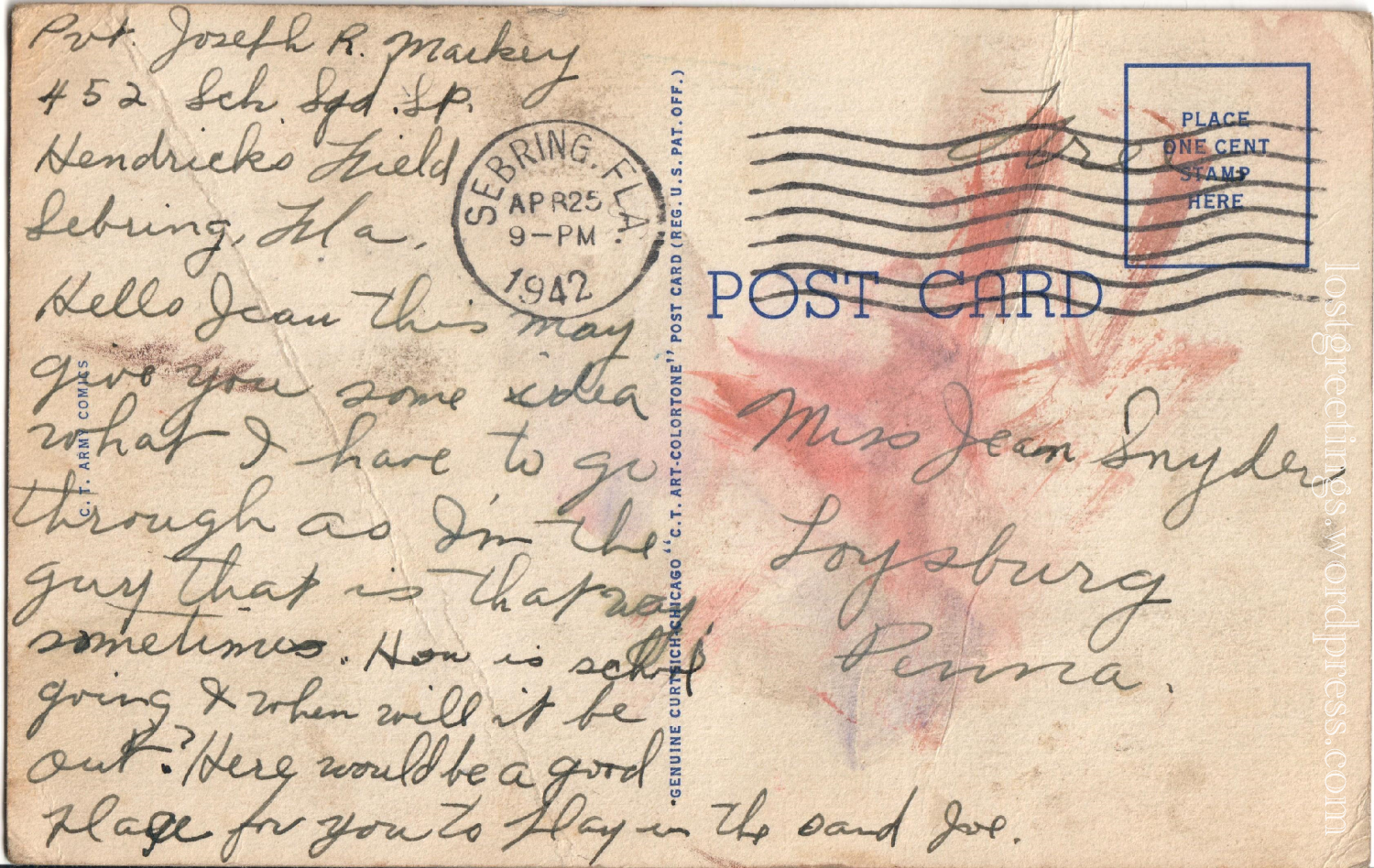 Sebring, FL 1942 WW2 Comic Postcard message lg