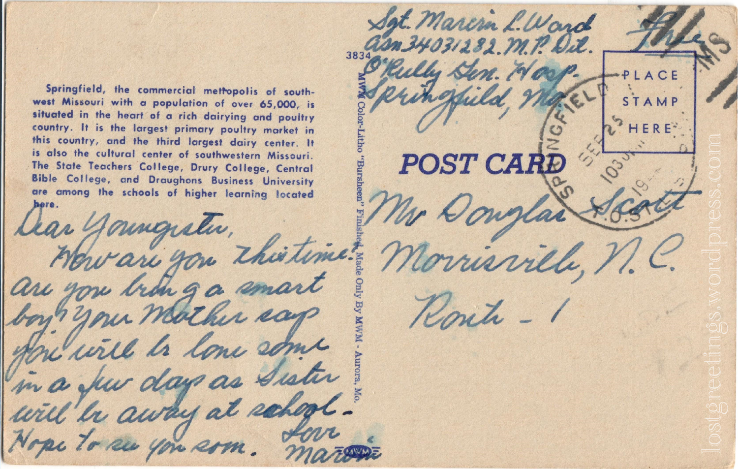 Springfield, MO War Dad_s Canteen 1944 ww2 postcard message lg