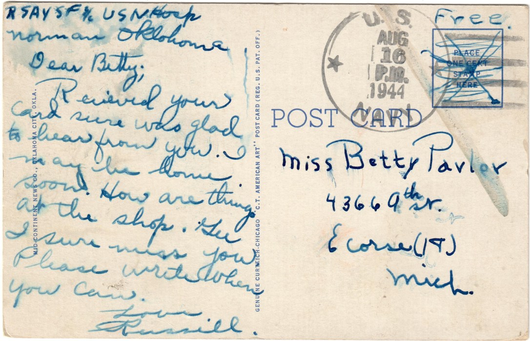 Norman Oklahoma 1944, USNavy postcard message.jpg