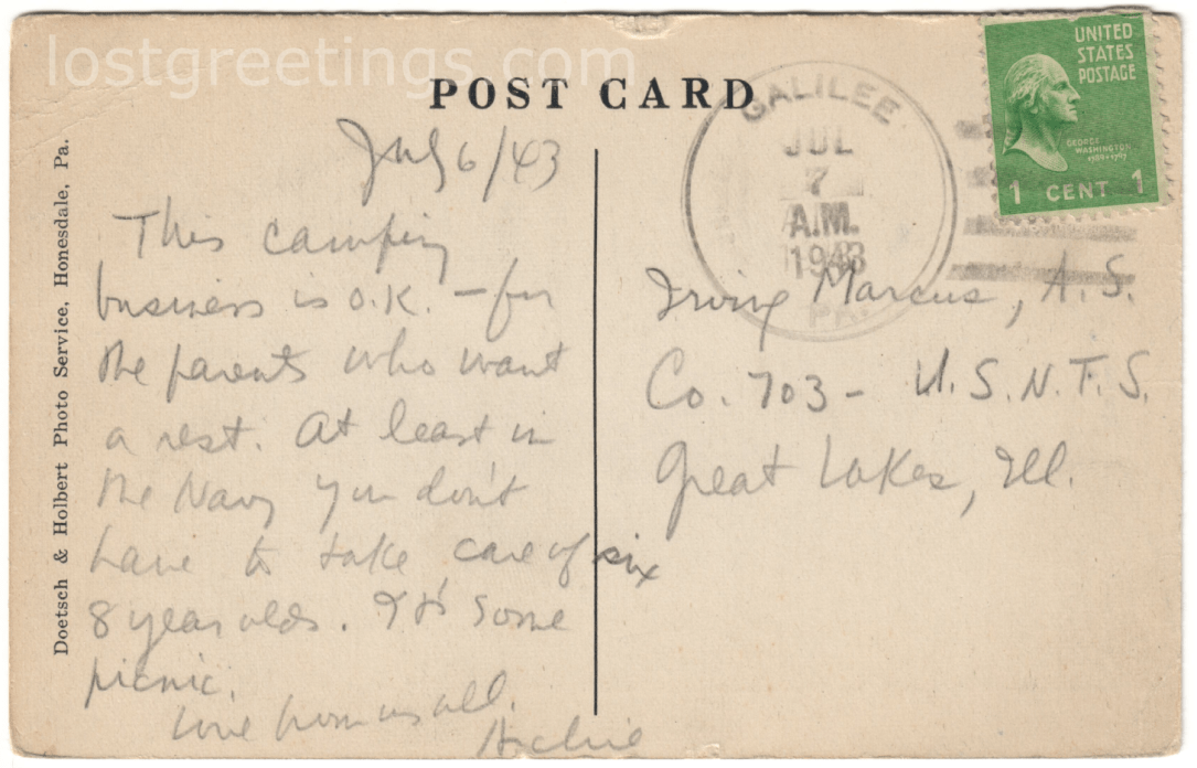 Postcard Camp Chicopee, Galilee, PA 1943 message lg